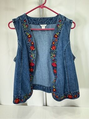 Christopher & Banks Blue Denim Vest with Red Floral Embroidery 3513